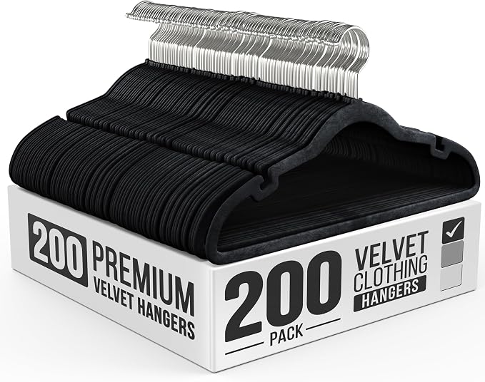 Our Modern Space 200 Pack Velvet Hanger for Shirt Pants Dresses Skirts Suits Jackets - Slim Space Saving Design - Standard Coat Hanger - Sturdy & Durable Design with Shoulder Grooves Hook