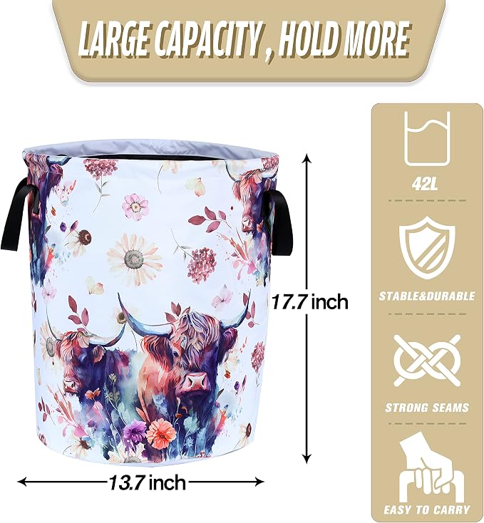 Highland Cow Laundry Basket Cow Animal Foldable Oxford Cloth Funny Tote Bag Laundry Hamper Clothes Storage Bucket Organizer For Bathroom/Laundry Storage/Bedroom 18.9x16.5 Inch