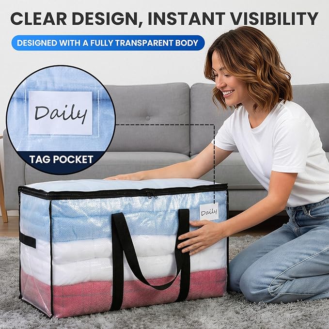 TAILI Extra Large Moving Bags, 6 Pack Clear Heavy Duty Totes For Storage with Visible Window, Wrap Around Handles, Storage Bags for Space Saving, Alternative to Moving Boxes