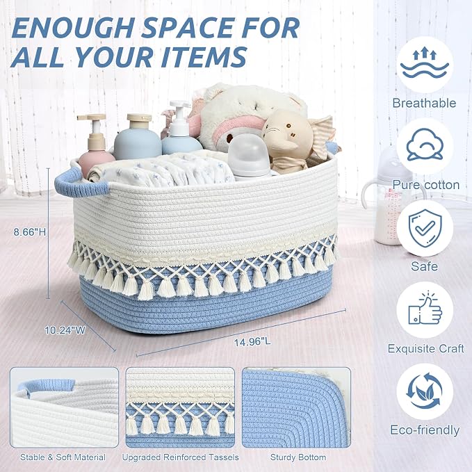 2 Pack Storage Basket, Heavy Tassel Woven Baskets for Storage, Boho Cotton Rope Storage Bin, Cube Organizer Bins, Baby Laundry Basket for Clothes, Toys, Diapers, Pets（White & Blue）