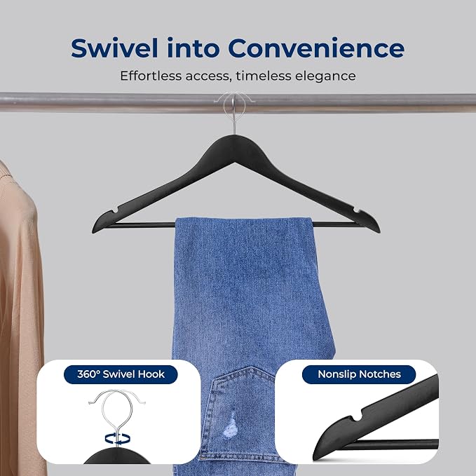 SereneLife 20-Pack Premium Wooden Hangers for Suits, Coats, Dresses & More – Heavy-Duty Black Wood Hanger Set with 360° Swivel Chrome Hook, Non-Slip Notches & Pants Bar – Space-Saving Closet Organizer