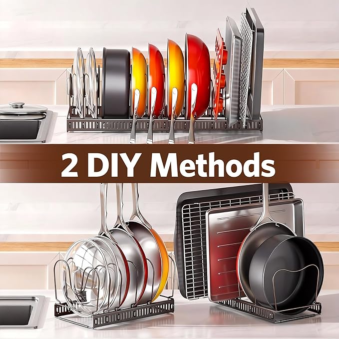 ORDORA Pots and Pans Organizer under Cabinet with Pan Holder: Expandable 11.8"-22.8" Kitchen Cabinet Organizer Rack, 12 Adjustable Dividers Storage for Cookie Sheets, Cutting Boards & Lid, Bronze