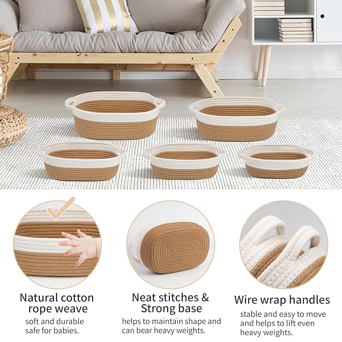 VOOWO Set of 5 Woven Rope Baskets for Storage, Organizing, Nursery, Shelves - Small Baskets for Gifts Empty (Off White & Jute)