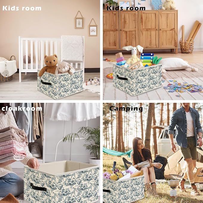 Blue and White Chinoiserie Wildlife Botanical Storage Bin Box with Handles, French Country Toile de Jouy Animal Foldable Organizer Basket Toybox for Home Bedroom Bathroom Clothes Toys Books