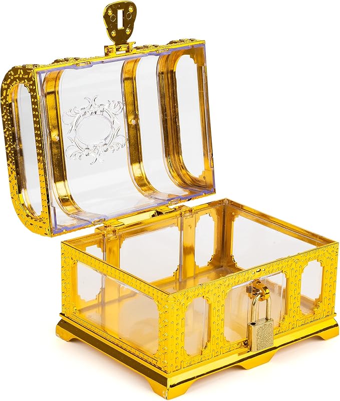 Treasure Chest with Lock and Key,Pirate Theme Party Favors for Kids,Transparent Golden Pirate Chest