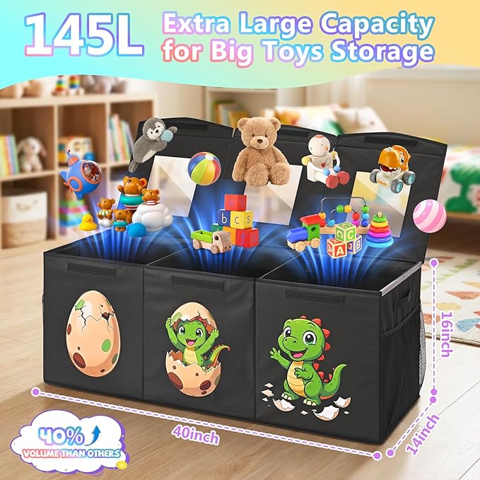 Livole 145L Toy Box, Collapsible Kids Toy Chest Bins with Lids Sturdy Large Toy Storage Organizer Boxes for Boys Nursery Room Playroom Closet, 40"X16"X14", Black
