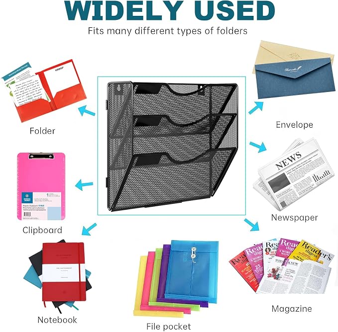 PAG Hanging Wall File Holder, 3 Tier Mail Sorter for Wall, Mesh Office Wall Organizer For Papers/Folders/Files Clipboard & Magazine, Black