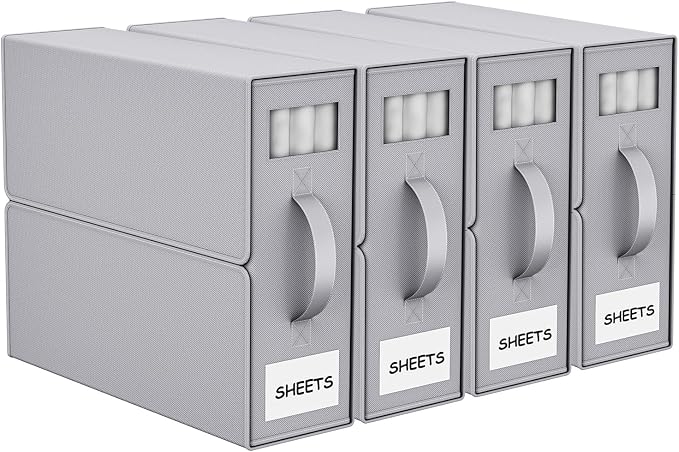 Bed Sheet Organizers and Storage, Foldable Fabric Storage Bins for Bed Sheets Duvet Covers Pillowcases, Closet Organizer, Storage Container Boxes for Blankets, Clothes (4 pack(Queen or King), Grey)