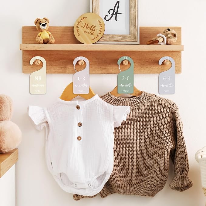 Whaline 7 Pcs Terrazzo Wood Baby Closet Size Dividers with White Velvet Bag Newborn to 24 Month Thicken Infant Wardrobe Hanger Organizers for Home Nursery Party Supplies