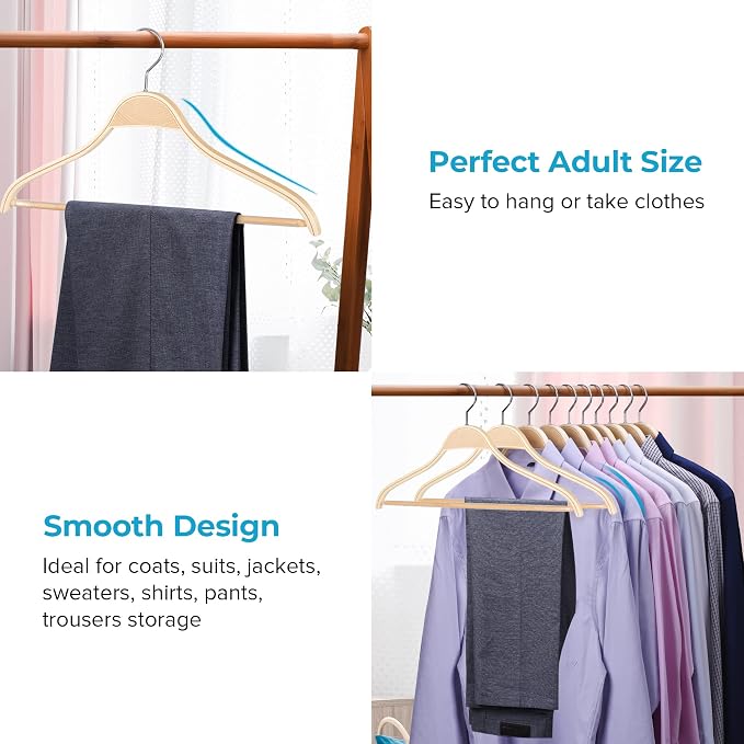 JS HANGER Wooden Coat Hangers, 30 Pack Light Weight Wood Coat/Suit Hangers with Non-Slip Pant Bar, Natural Finish