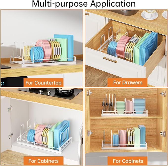 Food Container Lid Organizer for Cabinet with 6 Adjustable Divider | Detachable,Metal Pot Lid Organizer Rack Storage Plastic Lids Pots Bakeware for Cabinets, Cupboards,Pantry, Drawers (White)