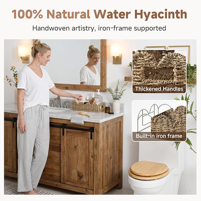 StorageWorks Small Wicker Scalloped Baskets for Bathroom Decor, Long Narrow Decorative Seagrass Baskets for Storage, Toilet Paper Basket for Back of Toilet Basket Tank Topper with Handles