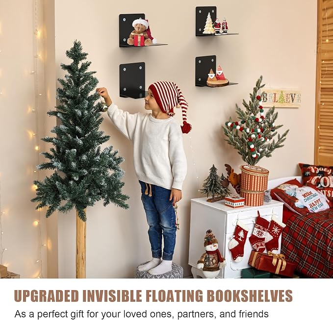 Eapele Invisible Floating Bookshelf, Heavy-Duty Hanging Bookshelves, Steel Constructed Wall Mounted Hidden Bookshelf with Mounting Hardware, 4PCS Black