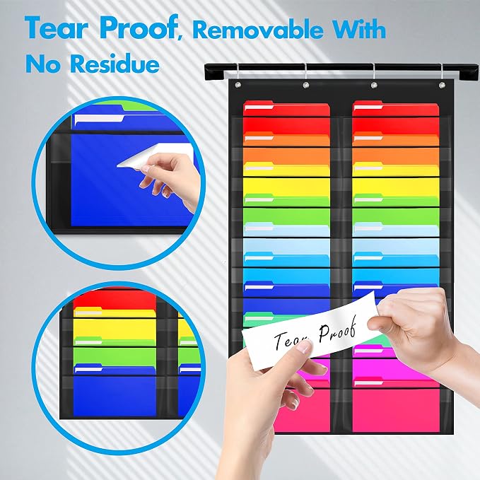 Storage Pocket Chart, Heavy Duty Wall File Organization Folder with 20 Clear File Pockets, 20 Blank Dry-Erase Name Stickers Plus 4 Over Door Hooks for Files, Classroom & Office (Black, 28.5” X 47”)