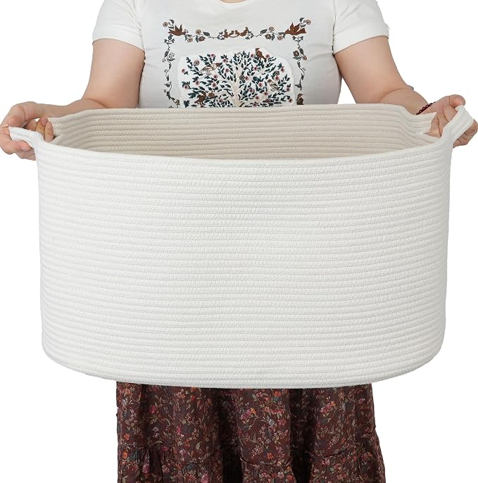 XUANGUO Large Rectangle Blankets Basket Living Room 22"x17"x12" Woven Cotton Rope Storage Baskets for Nursery Toy Baskets for Kids and Dogs Laundry Basket Bin for Clothes Towels white