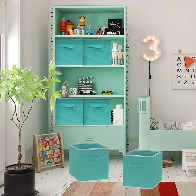 Simple Houseware Foldable Cube Storage Bins, 11-Inch Turquoise, 6-Pack Fabric Cubes Organizer for Closet or Shelves