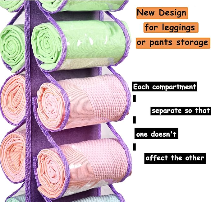Legging Storage Bag Storage Hanger Can Holds 24 Leggings or Shirts Jeans Compartment Storage Hanger, Foldable Leggings Organizer Clothes Portable Closets Roll Holder (Purple)