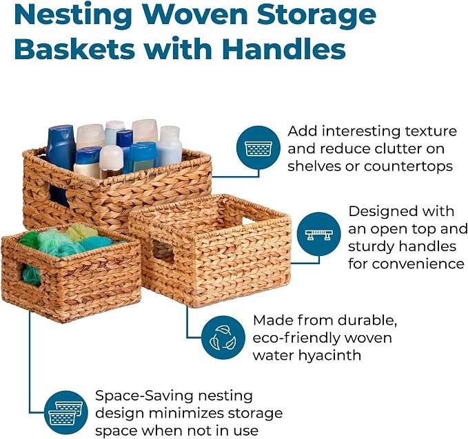 Honey-Can-Do Banana Leaf Storage Baskets –Water Hyacinth Woven Basket,Decorative Baskets for Shelves,Basket for Gifts,Closet,Pantry,and Home Organization,Set of 3,Multi-Size,(Pack of 3)