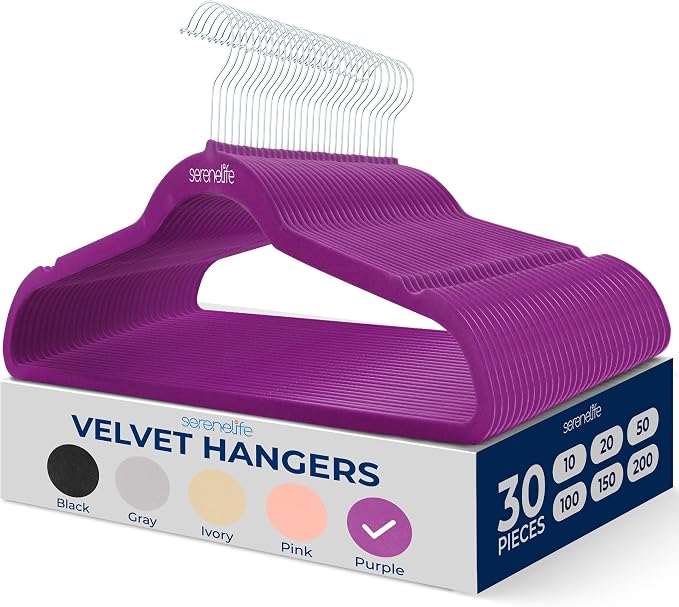 SereneLife Velvet Hangers – 30 Pack, Slim & Space Saving for Closets | Soft velvet grip prevents slipping on silk, satin & knitwear – 360° swivel hook fits all standard closet rods