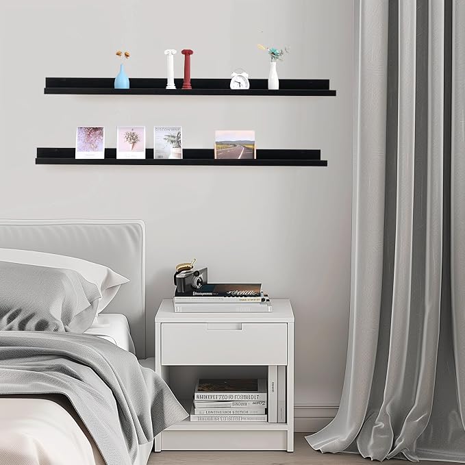 Muzilife 55" Large Floating Wall Ledge Shelves with Lip - Set of 2 Wood Floating Shelves - Black Wall Mounted Picture Ledge for Office, Bathroom, Bedroom, Living Room, Kitchen