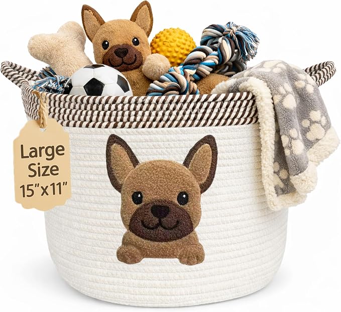 French Bulldog, Pug & Boston Terrier Dog Toy Basket, 15x11 Inch Woven Cotton Rope Storage Bin with Puppy Patch, Large Pet Organizer for Toys, Blankets, Leashes, Living Room Decor (Brown/Beige)