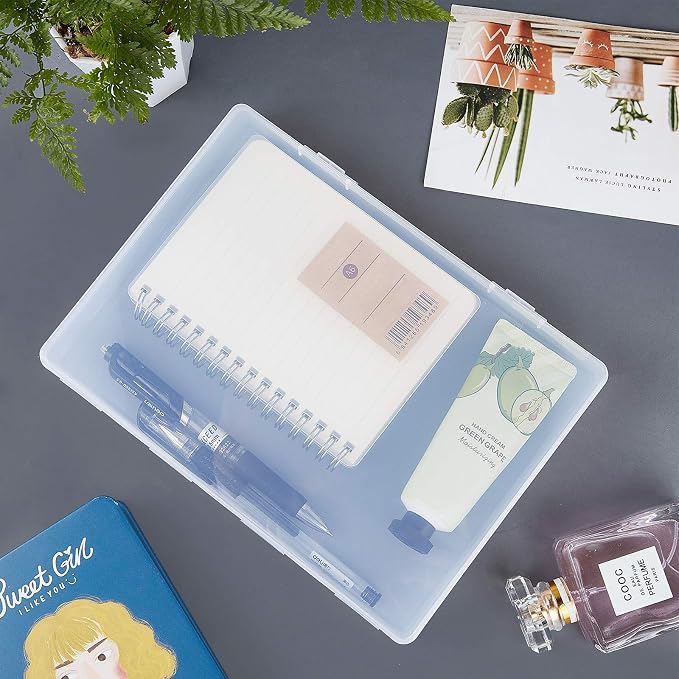 BENECREAT 4 Pack 8.8x6.5x1.2 Large Rectangle Clear Plastic Storage Containers Large Box Case with Double Buckles for Cards, Pens, Beads and Jewelry Findings