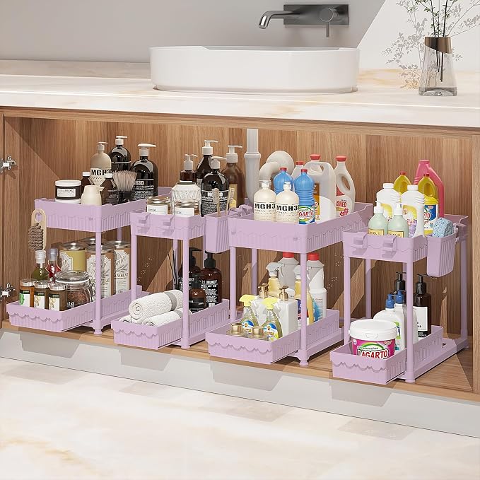 Sevenblue 4-Pack 2-Tier Under Sink Organizer with Pull Out Drawers | Multi-use kitchen & bathroom storage. Includes hanging hooks and cups. Pink, space-saving cabinet design. 12.8 Inch