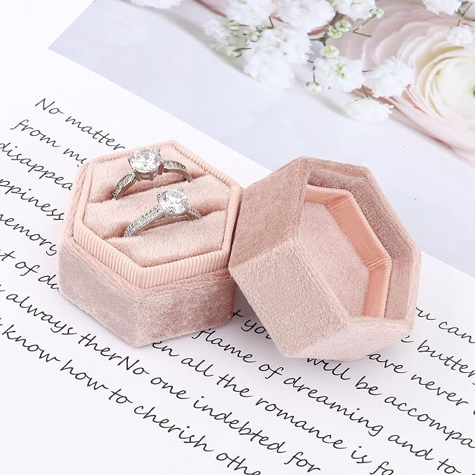 DesignSter Velvet Ring Box Hexagon - Premium Gorgeous Vintage Double Ring Display Holder with Detachable Lid for Proposal, Engagement, Wedding, Ceremony(Nude peach)