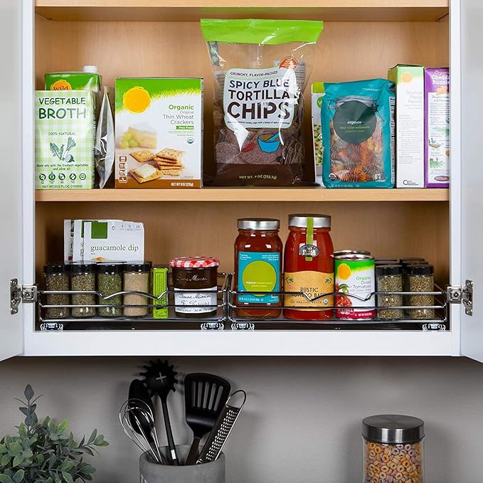 Pull-Out Cabinet Spice Rack Organizer, 12 ⅜"W x 10 ⅜"D x 2 ¾"H | Slim Slide-Out Storage for Spices, Bottles & Jars, Premium Heavy-Duty Steel, Easy Install for Narrow Kitchen Cabinets, Chrome