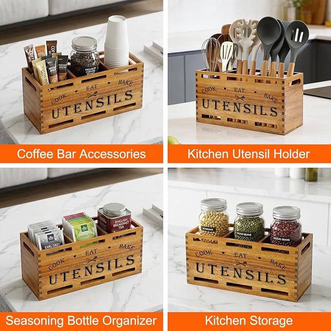 Large Acacia Wood Cooking Utensil Holder for Kitchen Spatula Spoon Holder | Wooden Utensil Organizer Countertop Kitchen Utensil Crock Tool Holder Rustic Silverware Caddy Country Kitchen Counter Decor