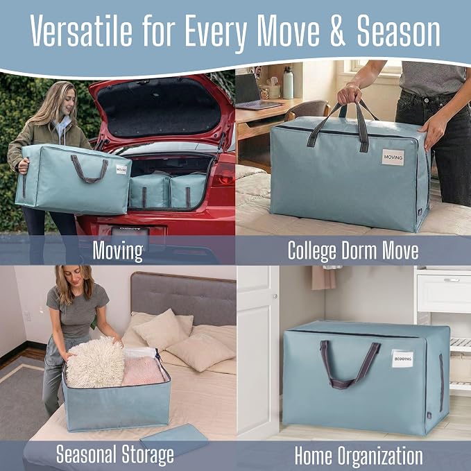 VENO 4 Pack Extra Large Heavy Duty Moving Bags with Wide Opening & Reinforced Handles, Reusable Storage Tote Bags with Strong Zippers for Clothes, College Dorm Essentials & Moving Supplies