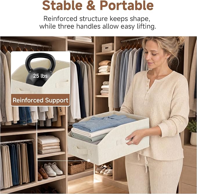 StorageWorks Closet Baskets for Organizing, Trapezoid Storage Bins, Linen Closet Organizers and Storage, Clothes Storage Baskets, Medium, Beige(Cotton-linen), 3-Pack