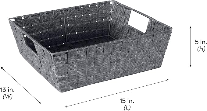 Simplify 2 Pack Large Storage Shelf Totes with Woven Strap in Grey | Decorative | Baskets | Organization | Accessories | Drawer | Desk | Closet | Bathroom | Bedroom | Nursery | Toys | Gifts
