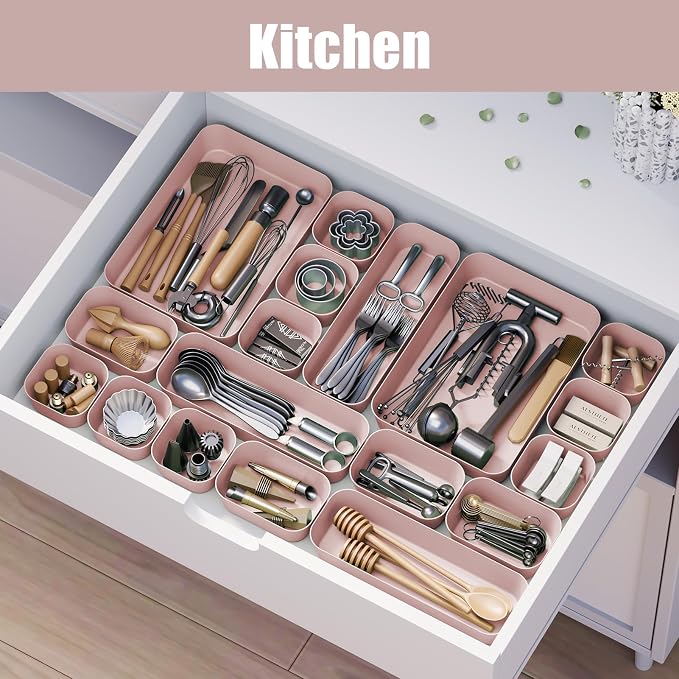 Drawer Organizers Bins 18 PCS for Bathroom Makeup Desk Office | with Non-slip Pads, 4 Sizes, Plastic Tray, Vanity Organizer, Kitchen Utensils Organizer