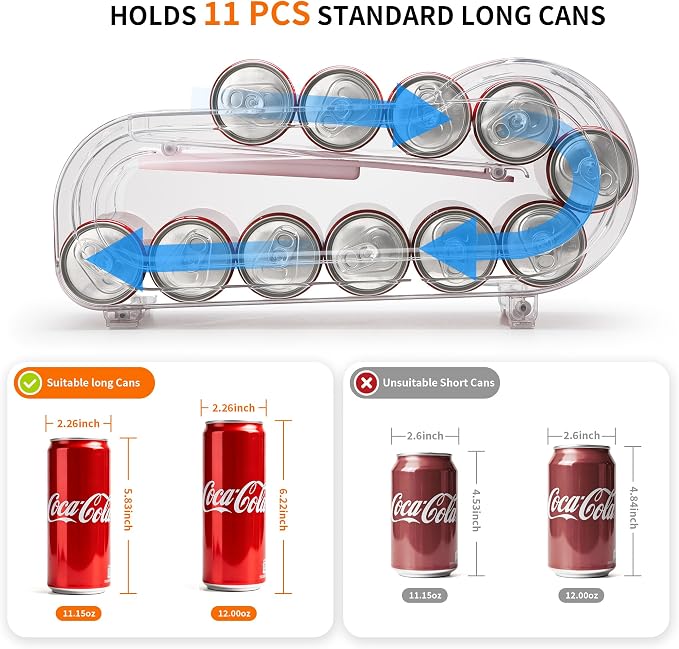 Soda Can Organizer for Refrigerator, Drink Organizer for Fridge, Automatic Rolling Can Dispenser Holder, Organize 11 Pcs Standard 11.15oz or 12oz Long Cans (4 Pack)