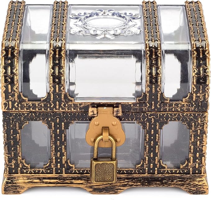 Plastic Transparent Antique Pirate Treasure Box with Lock and Key, Treasure Toy Box Prizes for Kids, Pirate Party Decor