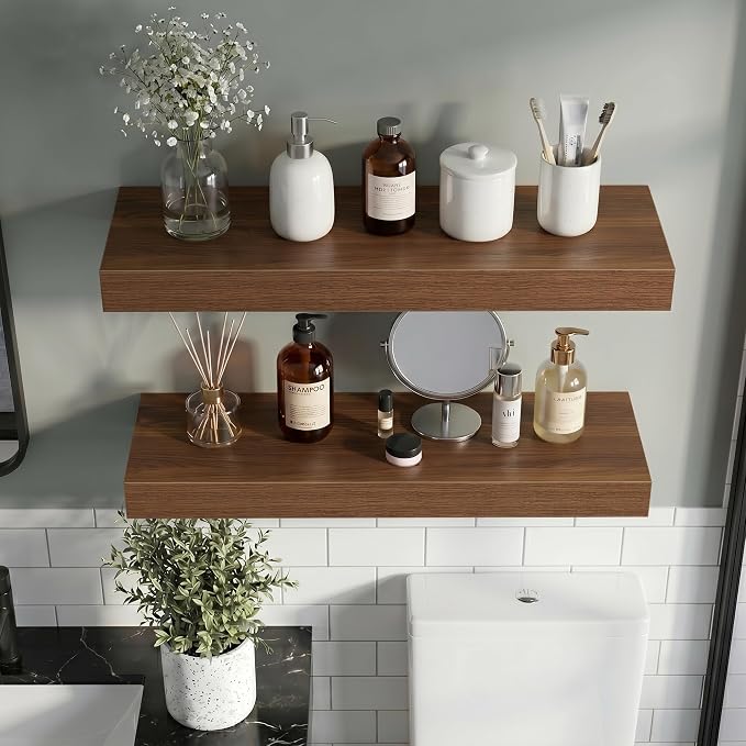 Vivelove 24 Inch Floating Shelves Wall Mounted for Display, 6.5 Deep Duty Shelves with Invisible Brackets for Living Room,Bedroom,Kitchen, Bathroom Storage & Decor,24" Wx6.5 Dx1.4 H - Walnut