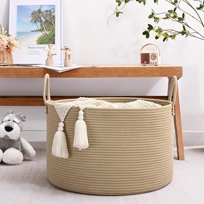 67L Large Woven Blanket Basket, Cotton Rope Baby Laundry Hamper with Handles, Kids Toy Basket for Classroom & Nursery, Soft Round Stuffed Animal Storage, Dog Toy Bin - 20"x13", Brown