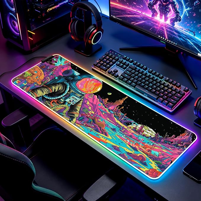 RGB Fantasy Planet Space Gaming Desk Mat, Computer Keyboard Large Extended Astronaut LED Mouse Pad for Office and Home, 31.5×11.8 Inches, XL