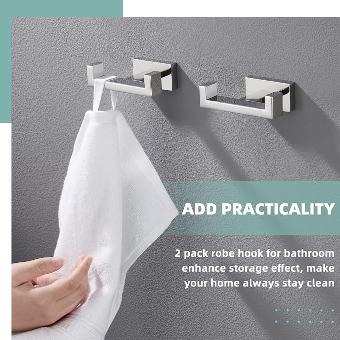 APLusee Double Robe Towel Hook Polished Chrome 2 Pack, 304 Stainless Steel Square Towel Hanger, Minimalist Coat Holder for Modern Bathroom Washroom