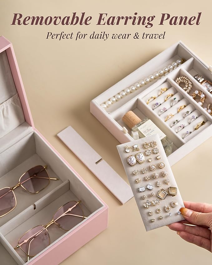 pickpiff 2 Layer Jewelry Box Organizer for Women, Jewelry Organizer with Handle & Removable Tray, Necklace Holder Ring Earring Storage, Velvet Lined Jewelry Case for Home or Travel, Gift Ready, Pink
