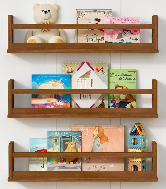 Harwaya Floating Nursery Book Shelves Wall Mounted, Wooden Wall Bookshelf for Kids Room, Dark Wood Hanging Book Shelf for Baby Toddler Childrens Bedroom (24 Inch, Walnut Brown, Set of 3)