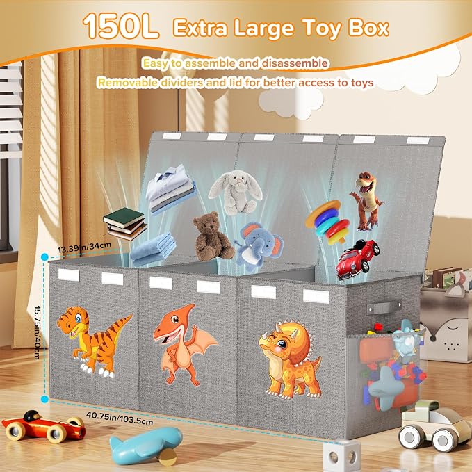 Extra Large Toy Box Chest, Collapsible Sturdy Toy Storage Organizer Boxes Bins Baskets Dinosaur Kids Toy Chest Bin with Lids for Boys Girls Living Room Playroom Bedroom Nursery 41"x14"x16" Gray