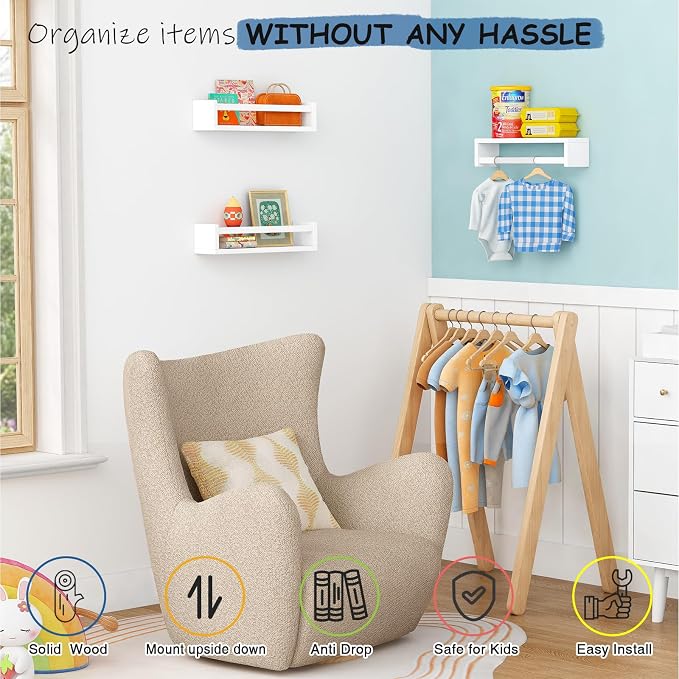 Harwaya White Nursery Floating Book Shelves for Wall Set of 3, Kids Wall Shelves for Baby Room Bedroom, Modern Hanging Bookshelf for Baby Toddler Children Girls Boys Decor and Toys Books Storage