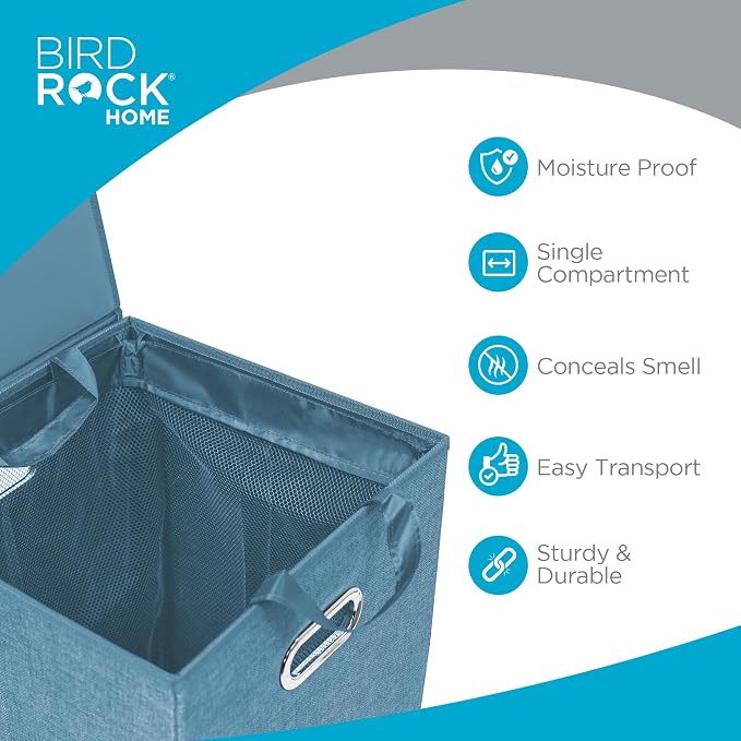 BIRDROCK HOME Laundry Hamper with Lid | Removable Bags for Sorting Clothes | Sectioned Laundry Basket for Bedroom & Bathroom | Collapsible Storage Bin with Cover | Single, Light Blue