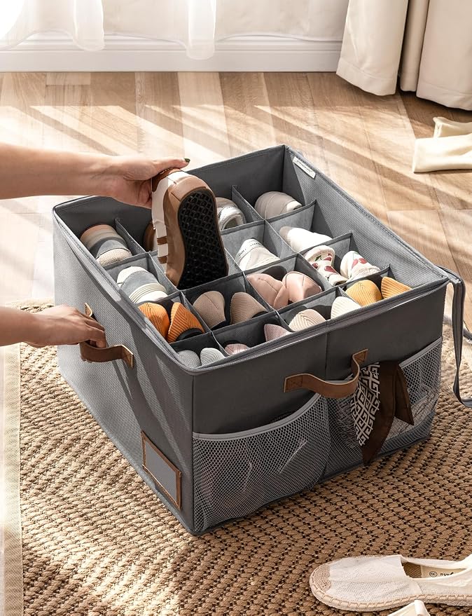 StorageWorks Shoe Organizer for Closet, Fabric Shoe Storage Boxes for Slippers and Sandals, Stackable Shoe Bins for Closet with Side Mesh Pockets, Holds Up to 16 Pairs, Grey