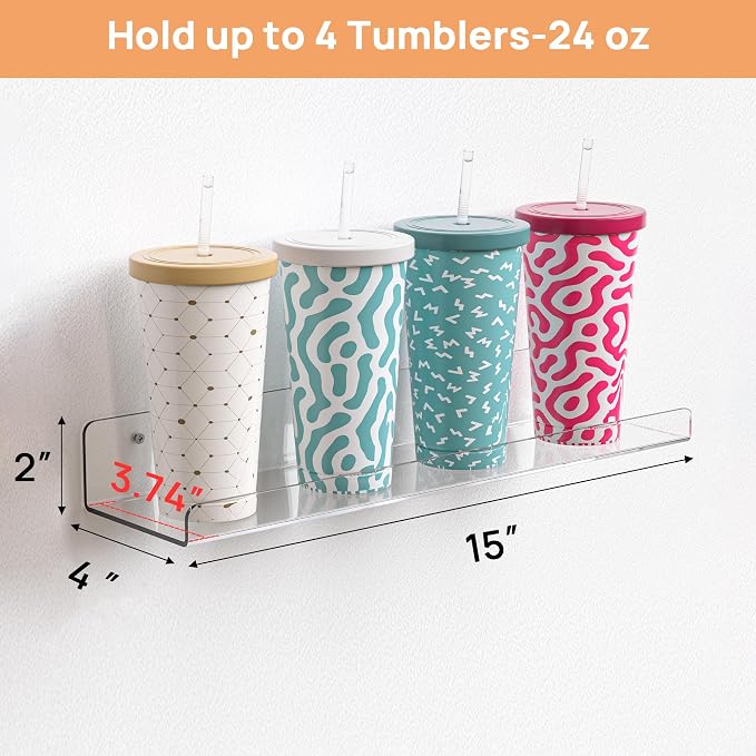 upsimples 2 Pcs 15" Acrylic Shelves for Wall Display and Storage, Clear | Transparent Design Highlights Skincare, Perfume, Easy-to-Find Versatile Floating Shelves for Bathroom, Bedroom and Playroom