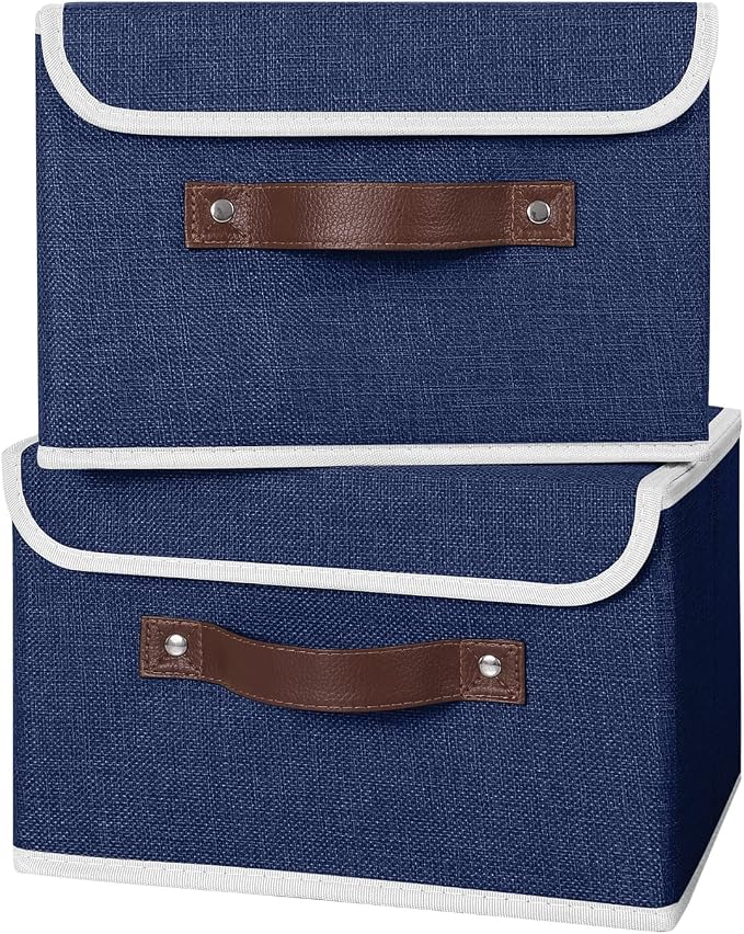 ANMINY 4PCS Storage Bins with Lid PU Leather Handles Storage Boxes PP Plastic Board Decorative Foldable Lidded Cotton Linen Fabric Home Cubes Baskets Closet Organizer Containers - Blue, Small Size