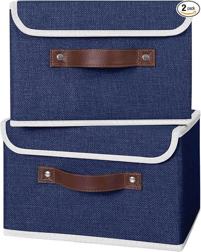 ANMINY 2PCS Storage Bins with Lid PU Leather Handles Storage Boxes PP Plastic Board Decorative Foldable Lidded Cotton Linen Fabric Home Cubes Baskets Closet Organizer Containers - Blue, Small Size