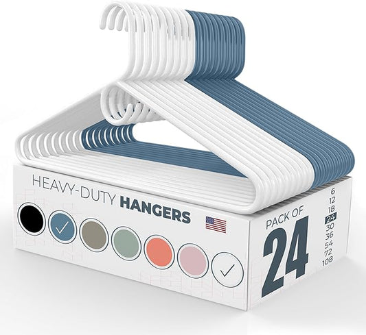Heavy Duty Clothes Hangers 20 Pack (24 Count) – Made in the USA – 8lb Capacity Plastic Hangers for Adult Clothing – Durable for Pants, Coats, Jackets, or Jeans – White & Blue